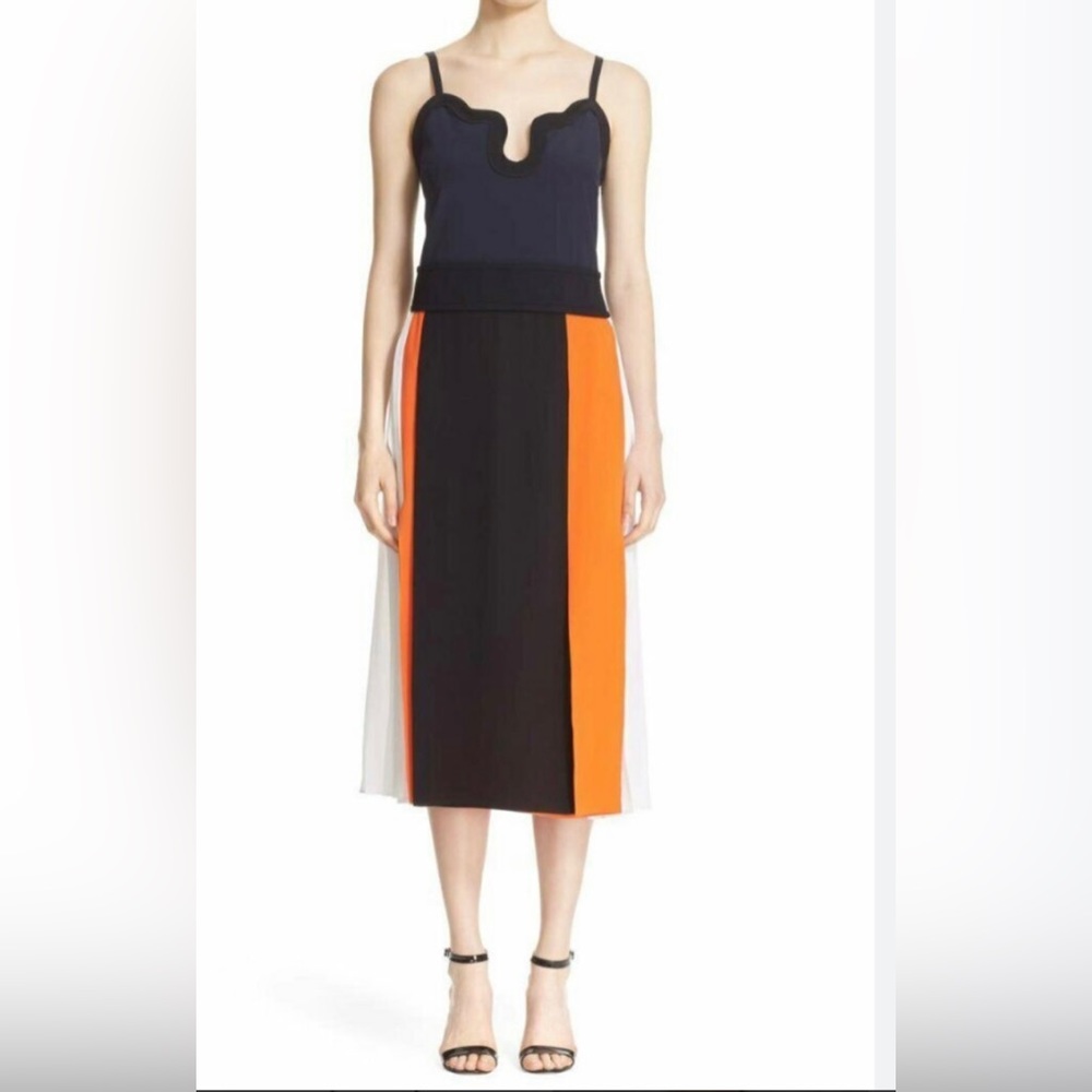 Victoria Beckham Navy Top with Black, Orange & White Colorblock Midi Dress